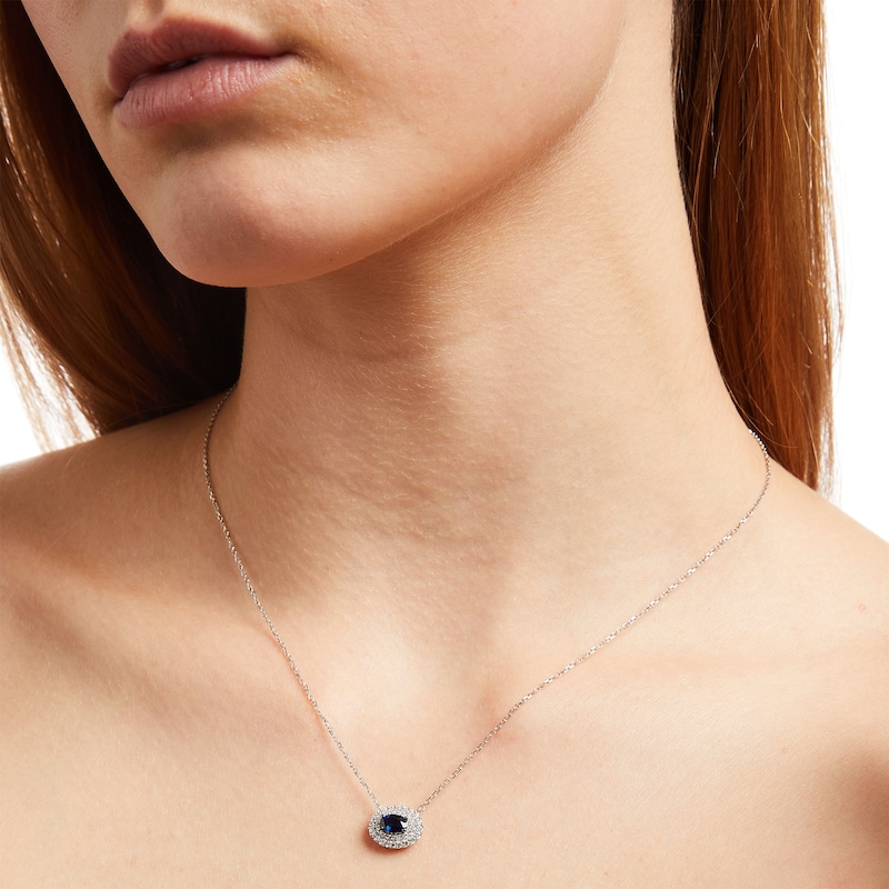 Vera Wang Love Collection Oval Blue Sapphire and 0.20 CT. T.W. Diamond Frame Necklace in 10K White Gold - 19"|Peoples Jewellers