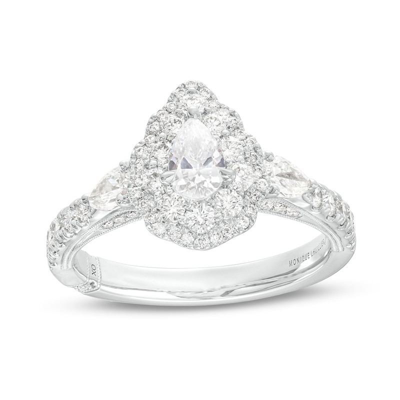 Monique Lhuillier Bliss 1.29 CT. T.W. Pear-Shaped Diamond Double Frame Vintage-Style Engagement Ring in 18K White Gold|Peoples Jewellers