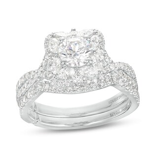 Monique Lhuillier Bliss 1.63 CT. T.W. Diamond Floral Frame Twist Shank Bridal Set in 18K White Gold