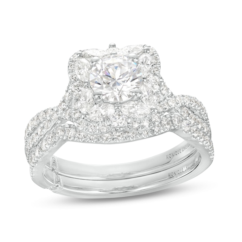 Monique Lhuillier Bliss 1.63 CT. T.W. Diamond Floral Frame Twist Shank Bridal Set in 18K White Gold|Peoples Jewellers
