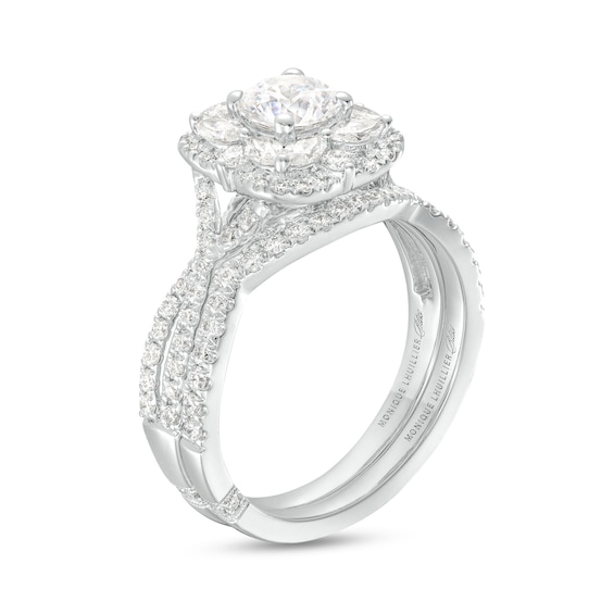 Monique Lhuillier Bliss 1.63 CT. T.W. Diamond Floral Frame Twist Shank Bridal Set in 18K White Gold