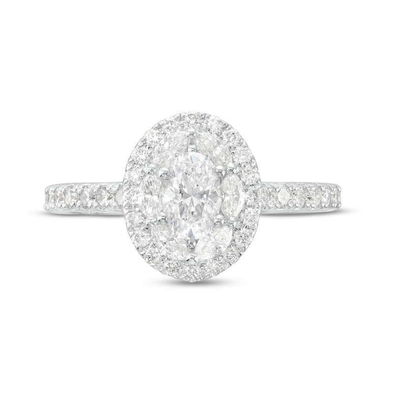 Monique Lhuillier Bliss 1.29 CT. T.W. Oval Diamond Double Frame Engagement Ring in 18K White Gold|Peoples Jewellers