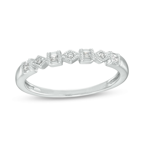 0.05 CT. T.W. Baguette and Round Diamond Alternating Vintage-Style Anniversary Band in 10K White Gold