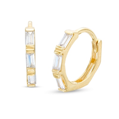 Baguette Cubic Zirconia Three Stone Hoop Earrings in 14K Gold