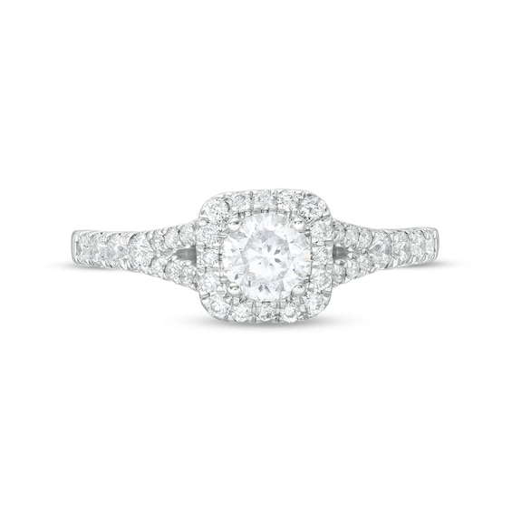 Celebration Infinite™ Canadian Certified Centre Diamond 0.95 CT. T.W. Cushion Frame Engagement Ring in 14K White Gold