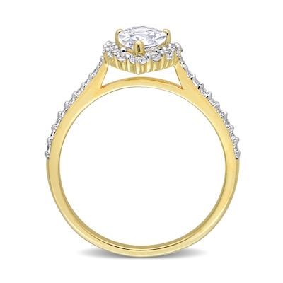 Pear-Shaped and Round White Lab-Created Sapphire Frame Ring in Sterling Silver with Yellow Rhodium