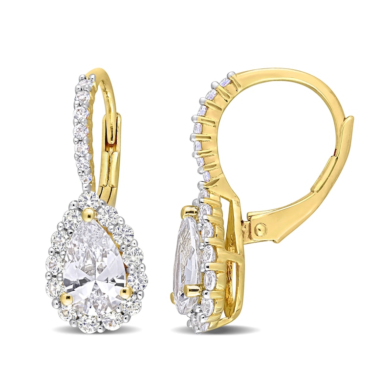 Pear-Shaped and Round White Lab-Created Sapphire Frame Drop Earrings in Sterling Silver with Yellow Rhodium|Peoples Jewellers