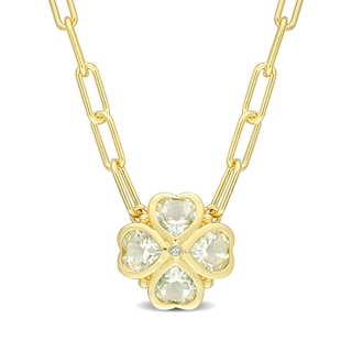 6.0mm Heart-Shaped Green Quartz and Diamond Accent Clover Necklace in Sterling Silver with Yellow Rhodium