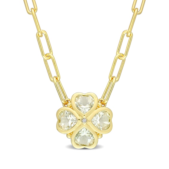 6.0mm Heart-Shaped Green Quartz and Diamond Accent Clover Necklace in Sterling Silver with Yellow Rhodium