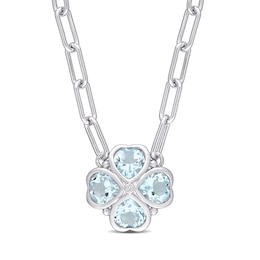 6.0mm Heart-Shaped Sky Blue Topaz and Diamond Accent Clover Necklace in Sterling Silver