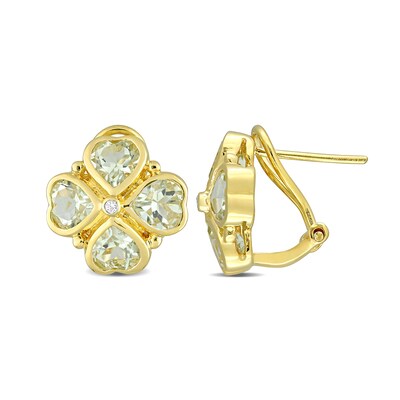 5.0mm Heart-Shaped and Round Green Quartz Clover Stud Earrings in Sterling Silver with Yellow Rhodium