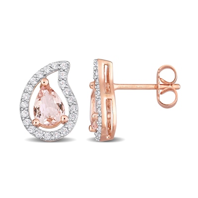 Pear-Shaped Morganite and White Topaz Frame Stud Earrings in Sterling Silver with Rose Rhodium