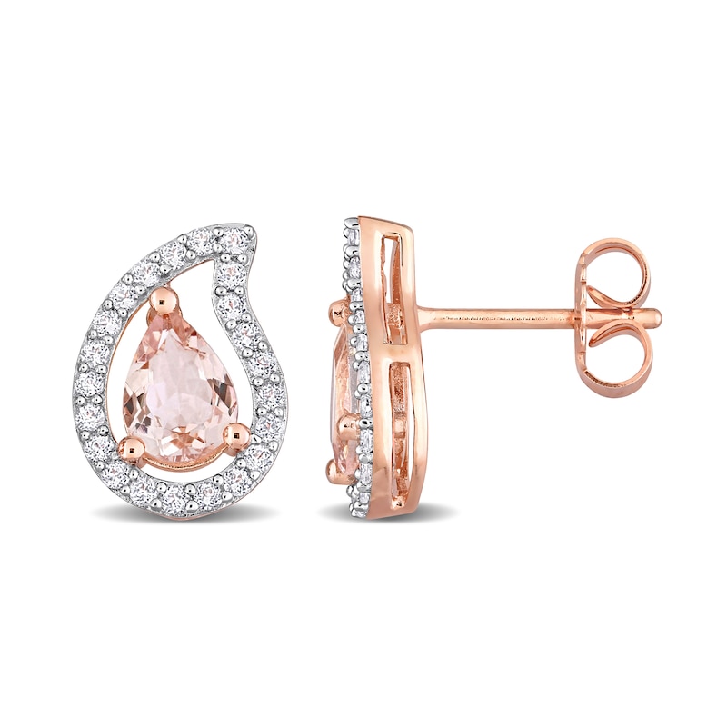 Pear-Shaped Morganite and White Topaz Frame Stud Earrings in Sterling Silver with Rose Rhodium