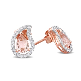 Pear-Shaped Morganite and White Topaz Frame Stud Earrings in Sterling Silver with Rose Rhodium