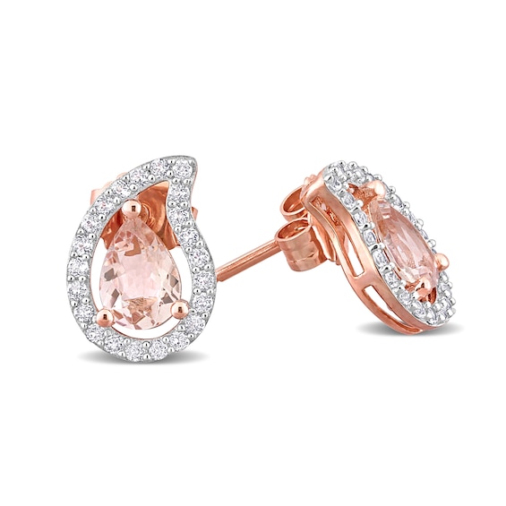 Pear-Shaped Morganite and White Topaz Frame Stud Earrings in Sterling Silver with Rose Rhodium