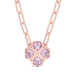 6.0mm Heart-Shaped Amethyst and Diamond Accent Clover Necklace in Sterling Silver with Rose Rhodium