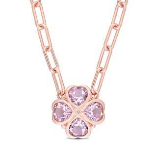 6.0mm Heart-Shaped Amethyst and Diamond Accent Clover Necklace in Sterling Silver with Rose Rhodium