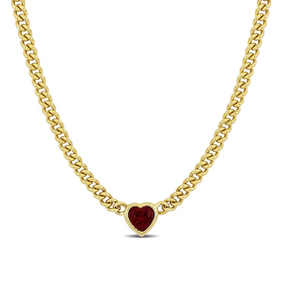 8.0mm Heart-Shaped Lab-Created Ruby Solitaire Curb Chain Necklace in Sterling Silver with Yellow Rhodium