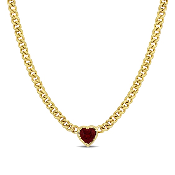 8.0mm Heart-Shaped Lab-Created Ruby Solitaire Curb Chain Necklace in Sterling Silver with Yellow Rhodium