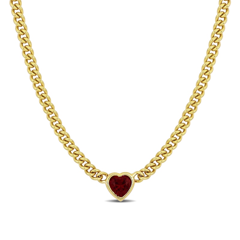 8.0mm Heart-Shaped Lab-Created Ruby Solitaire Curb Chain Necklace in Sterling Silver with Yellow Rhodium|Peoples Jewellers