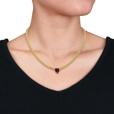 8.0mm Heart-Shaped Lab-Created Ruby Solitaire Curb Chain Necklace in Sterling Silver with Yellow Rhodium