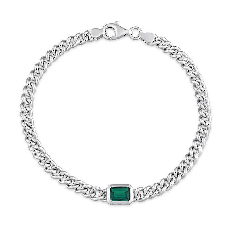 Octagonal Lab-Created Emerald Solitaire Curb Chain Bracelet in Sterling Silver - 7.5"