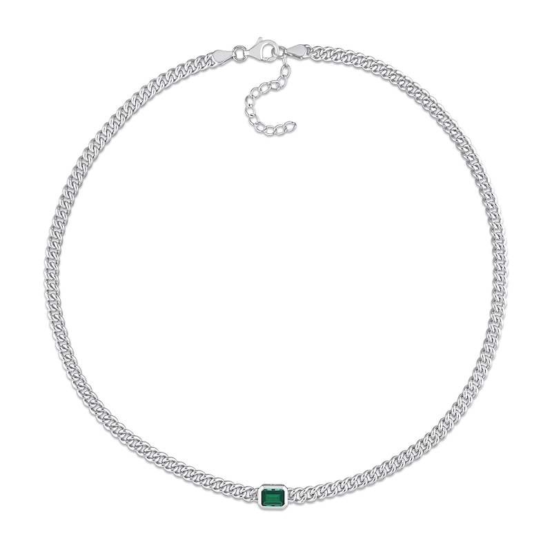 Octagonal Lab-Created Emerald Solitaire Curb Chain Necklace in Sterling Silver|Peoples Jewellers