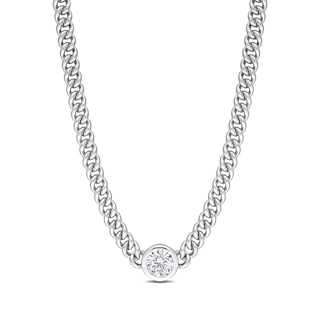 7.0mm White Lab-Created Sapphire Solitaire Curb Chain Necklace in Sterling Silver - 17.5"