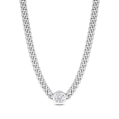 7.0mm White Lab-Created Sapphire Solitaire Curb Chain Necklace in Sterling Silver - 17.5"