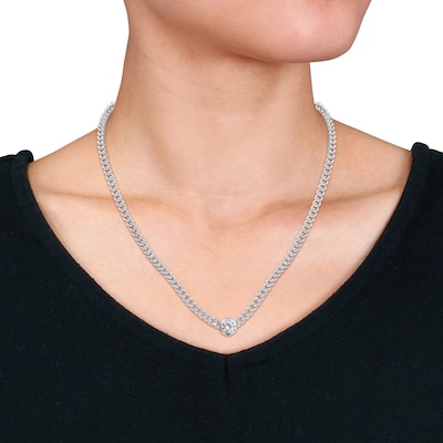 7.0mm White Lab-Created Sapphire Solitaire Curb Chain Necklace in Sterling Silver - 17.5"