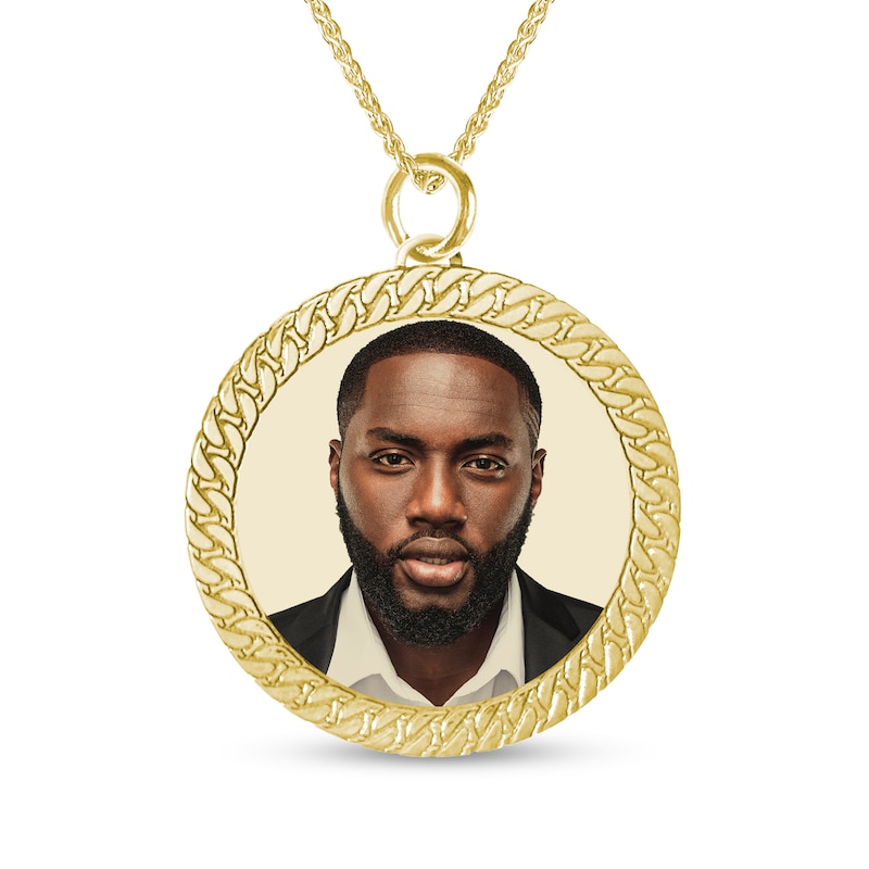 Engravable Photo Cuban Chain Frame Circle Pendant in 10K White or Yellow Gold (1 Image and 4 Lines) - 22"|Peoples Jewellers