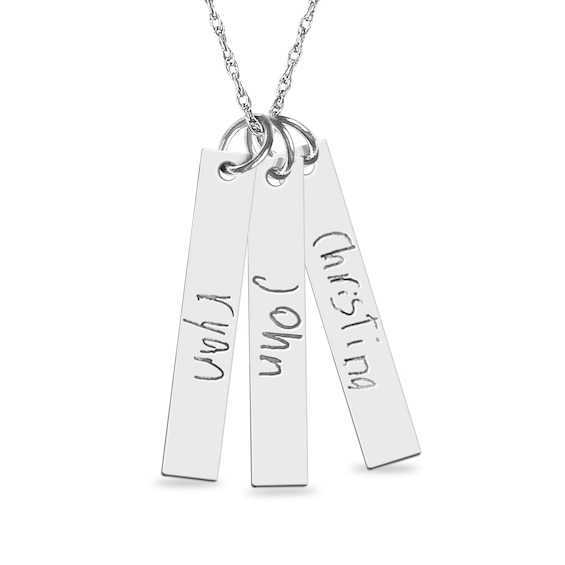 Engravable Your Own Handwriting Triple Vertical Bar Pendant in Sterling Silver (3 Images and 3 Lines)