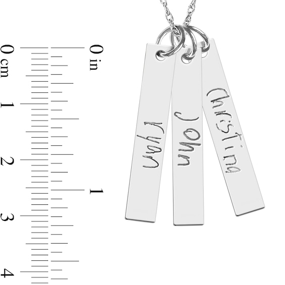 Engravable Your Own Handwriting Triple Vertical Bar Pendant in Sterling Silver (3 Images and 3 Lines)