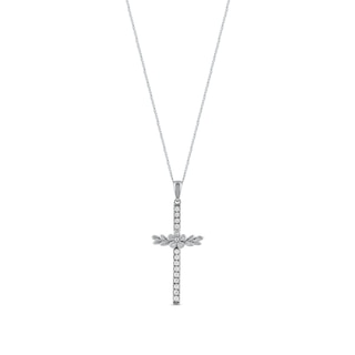 0.10 CT. T.W. Diamond Flower and Leaves Cross Pendant in Sterling Silver