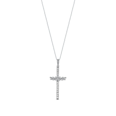 0.10 CT. T.W. Diamond Flower and Leaves Cross Pendant in Sterling Silver