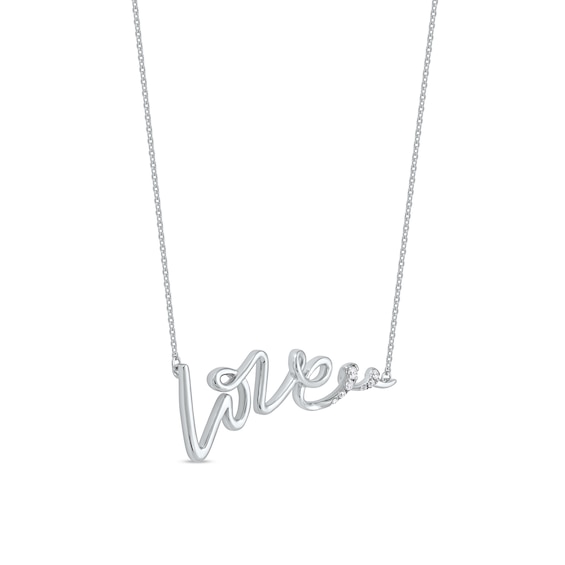 0.05 CT. T.W. Diamond "Love" Cursive Curly Script Necklace in Sterling Silver