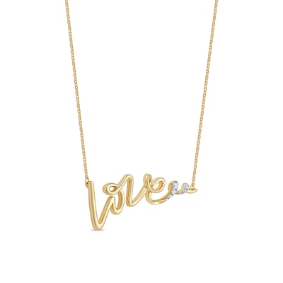 0.05 CT. T.W. Diamond "Love" Cursive Curly Script Necklace in Sterling Silver with 14K Gold Plate