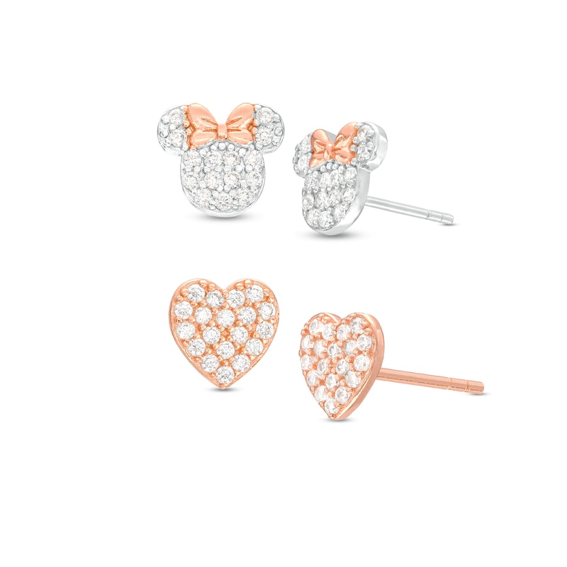 Child's Cubic Zirconia Minnie Mouse and Heart Cluster Stud Earrings Set in Sterling Silver and 18K Rose Gold Plate|Peoples Jewellers
