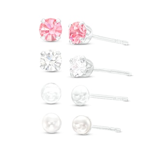 Child's 4.0mm Faux Pearl, Multi-Colour Crystal and Ball Four Pair Stud Earrings Set in Sterling Silver