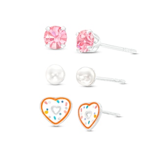 Child's 4.0mm Faux Pearl, Pink Crystal and Heart-Shaped Donut Enamel Three Pair Stud Earrings in Sterling Silver