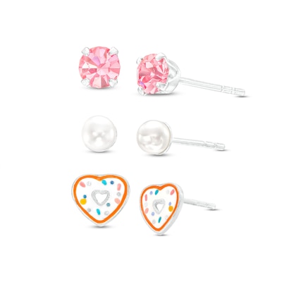 Child's 4.0mm Faux Pearl, Pink Crystal and Heart-Shaped Donut Enamel Three Pair Stud Earrings in Sterling Silver