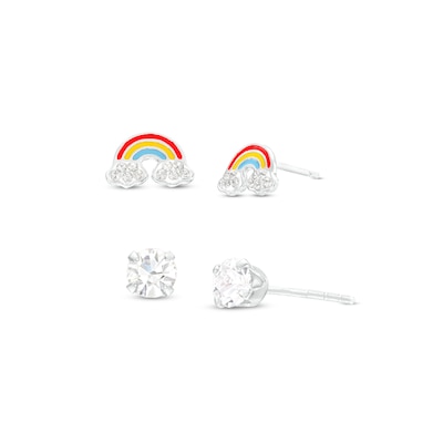 Child's 4.0mm Crystal and Rainbow Enamel Stud Earrings Set in Sterling Silver