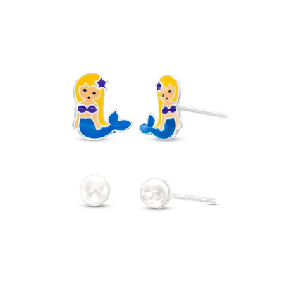 Child's 4.0mm Faux Pearl and Multi-Colour Enamel Mermaid Stud Earrings Set in Sterling Silver