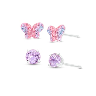 Child's Pink, Purple and Lavender Crystal Butterfly Enamel Stud Earrings Set in Sterling Silver