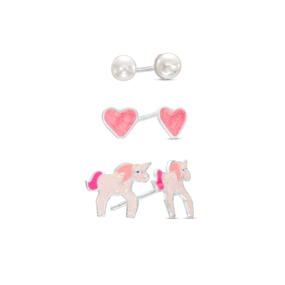 Child's 4.0mm Faux Pearl, Enamel Heart and Unicorn Three Pair Stud Earrings Set in Sterling Silver