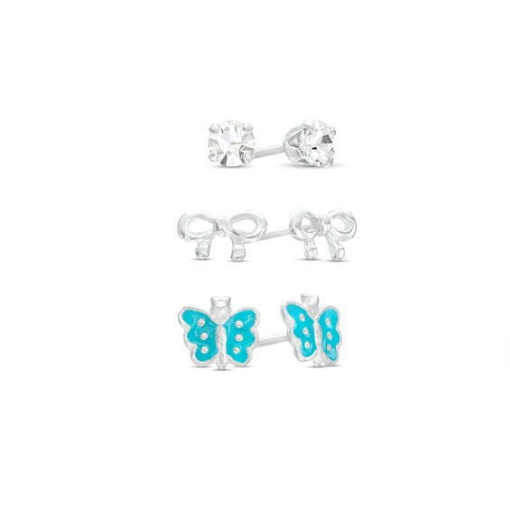 Child's 4.0mm Crystal, Bow, and Blue Enamel Butterfly Three Pair Stud Earrings Set in Sterling Silver