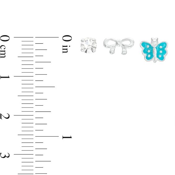 Child's 4.0mm Crystal, Bow, and Blue Enamel Butterfly Three Pair Stud Earrings Set in Sterling Silver