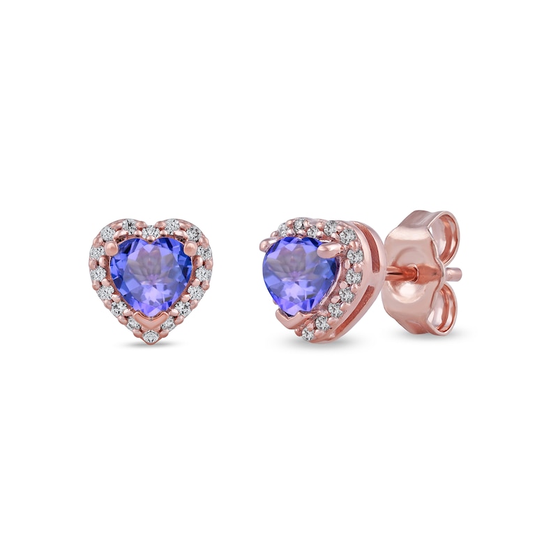 4.0mm Heart-Shaped Tanzanite and 0.10 CT. T.W. Diamond Frame Stud Earrings in 10K Rose Gold|Peoples Jewellers