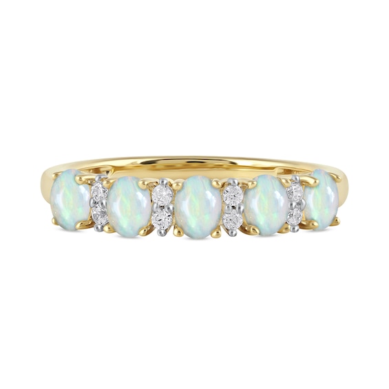 Oval Opal and 0.10 CT. T.W. Diamond Alternating Five Stone Anniversary Band in 10K Gold