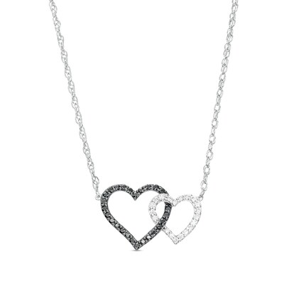 0.18 CT. T.W. Black and White Diamond Interlocking Hearts Necklace in 10K White Gold